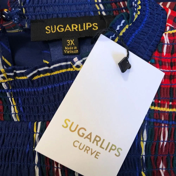 Sugarlips Plus Long Sleeve Mock Neck Navy Blue Plaid Top w/ Ruffle Details - Picture 7 of 9